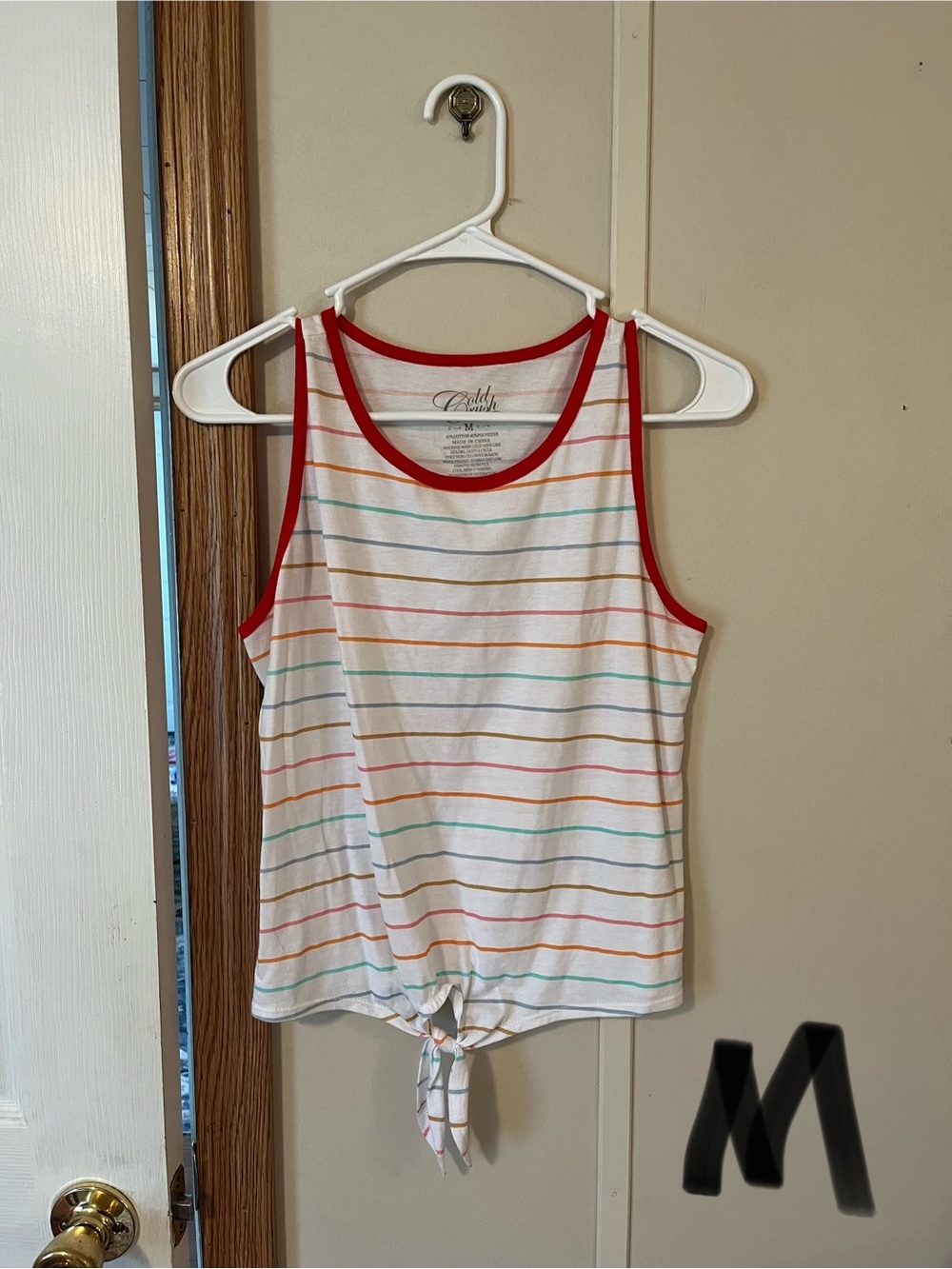 Coastal Striped Tie-Front Tank Top - White with Red Trim